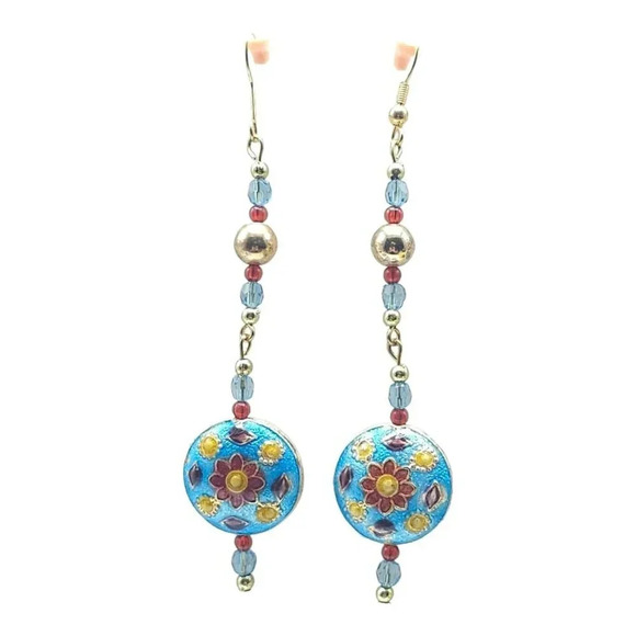 Estate Jewelry - Flower Multi-Color Cloisonne Hand Painted Glass Bead Beaded Dangle Earrings